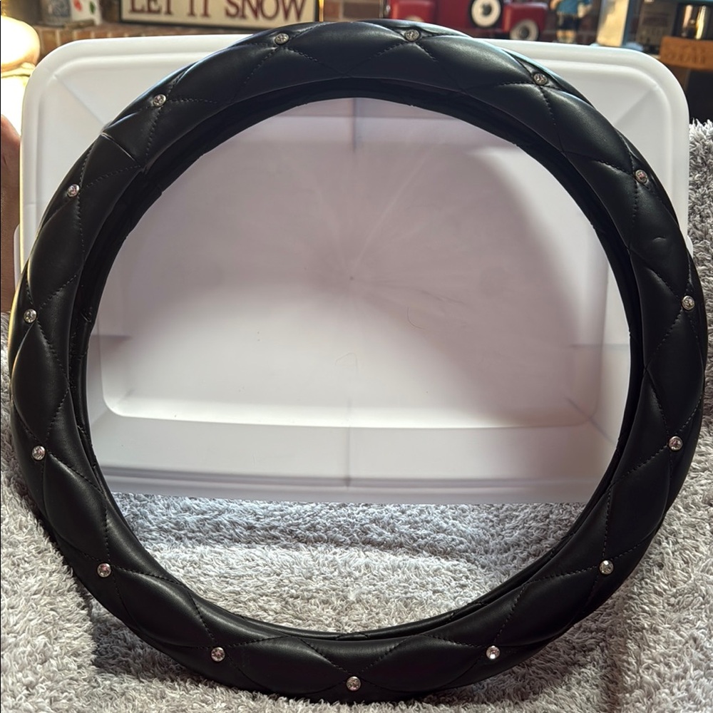 Elegant Black Quilted Steering Wheel Cover with rhinestone studs. sturdy & firm